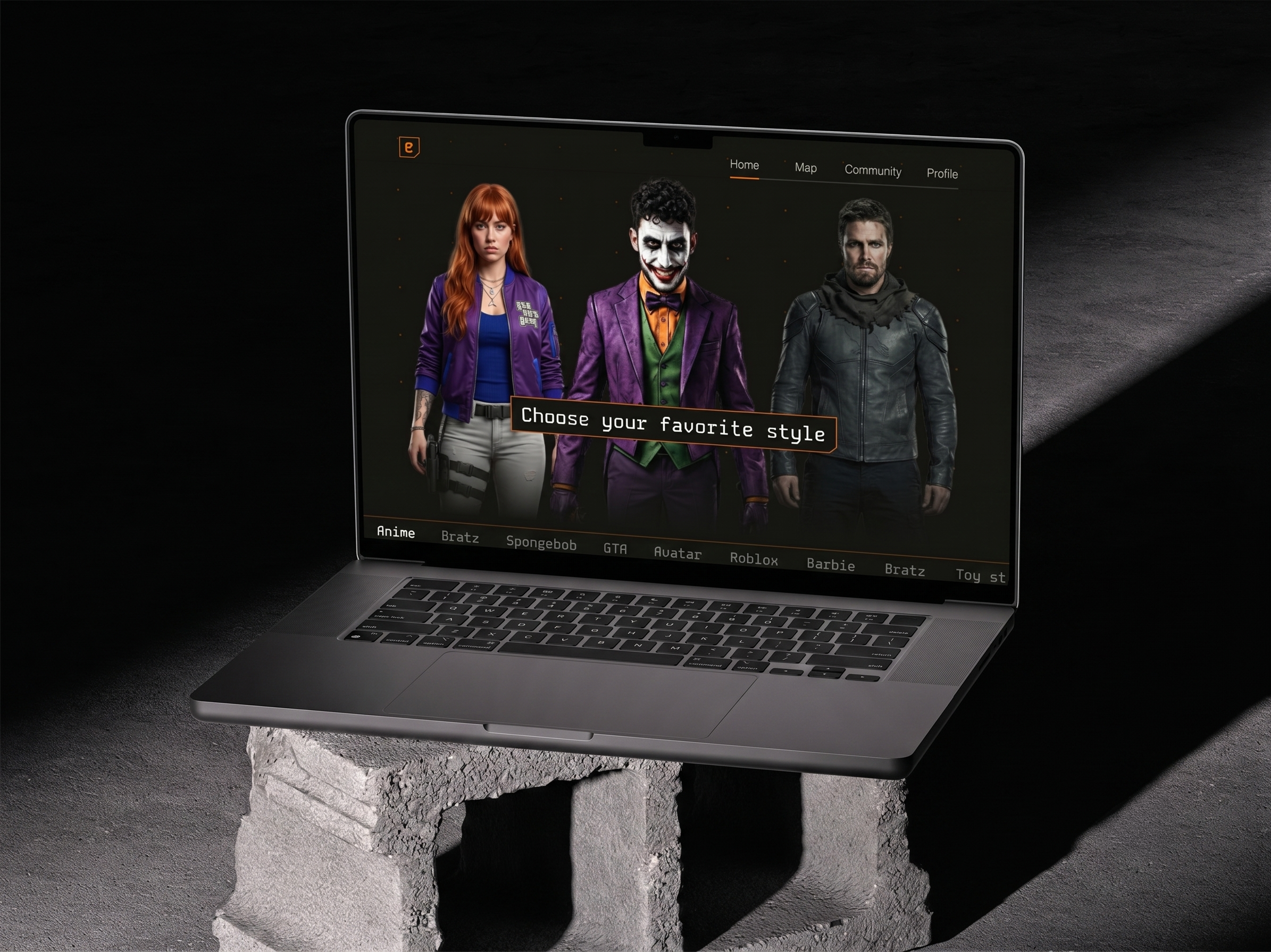 Laptop mockup resting on concrete blocks showing the Alter Ego character-creation screen
