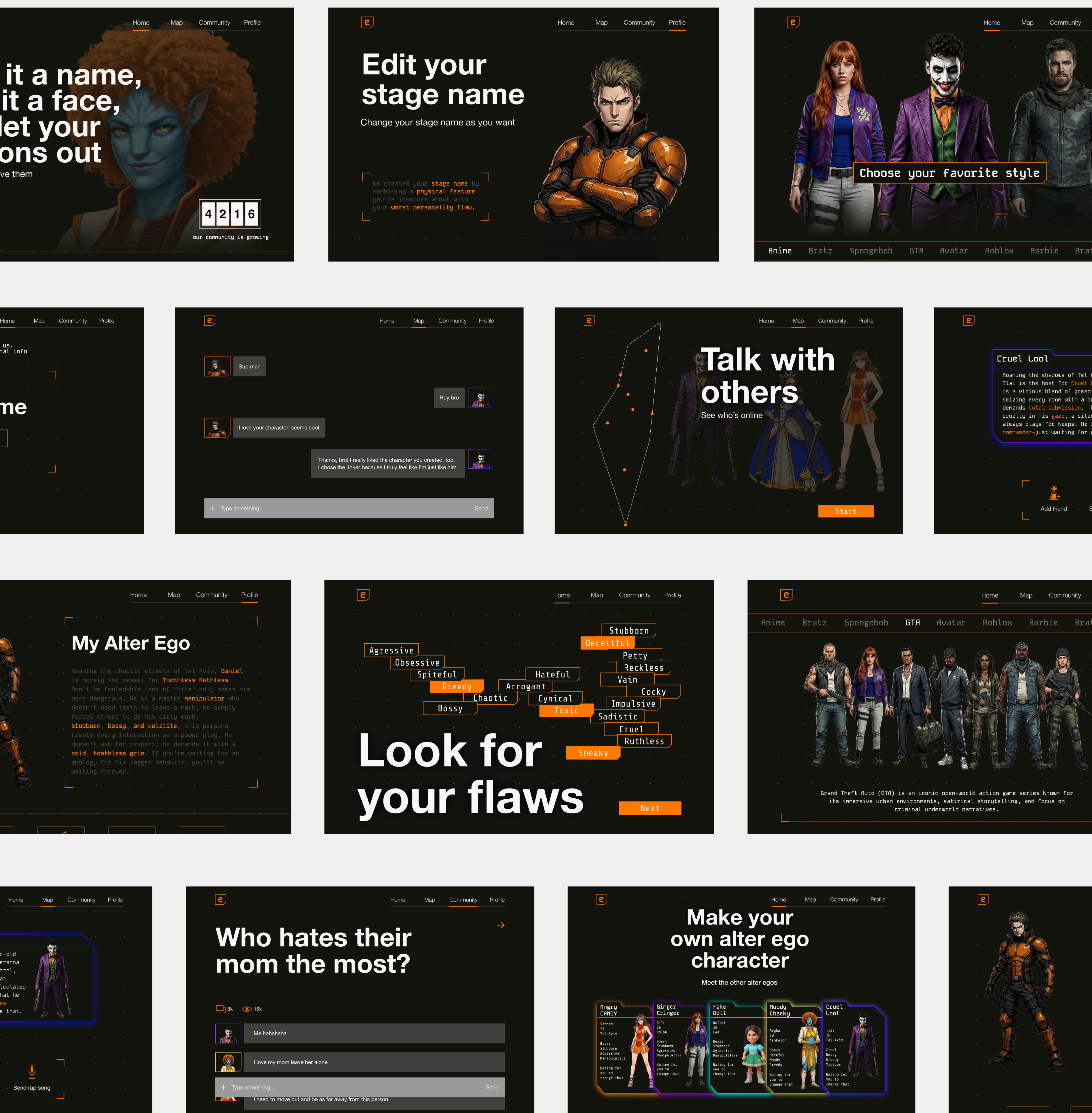 Grid of Alter Ego app screenshots showing onboarding, chat, map, flaw selection, and community screens