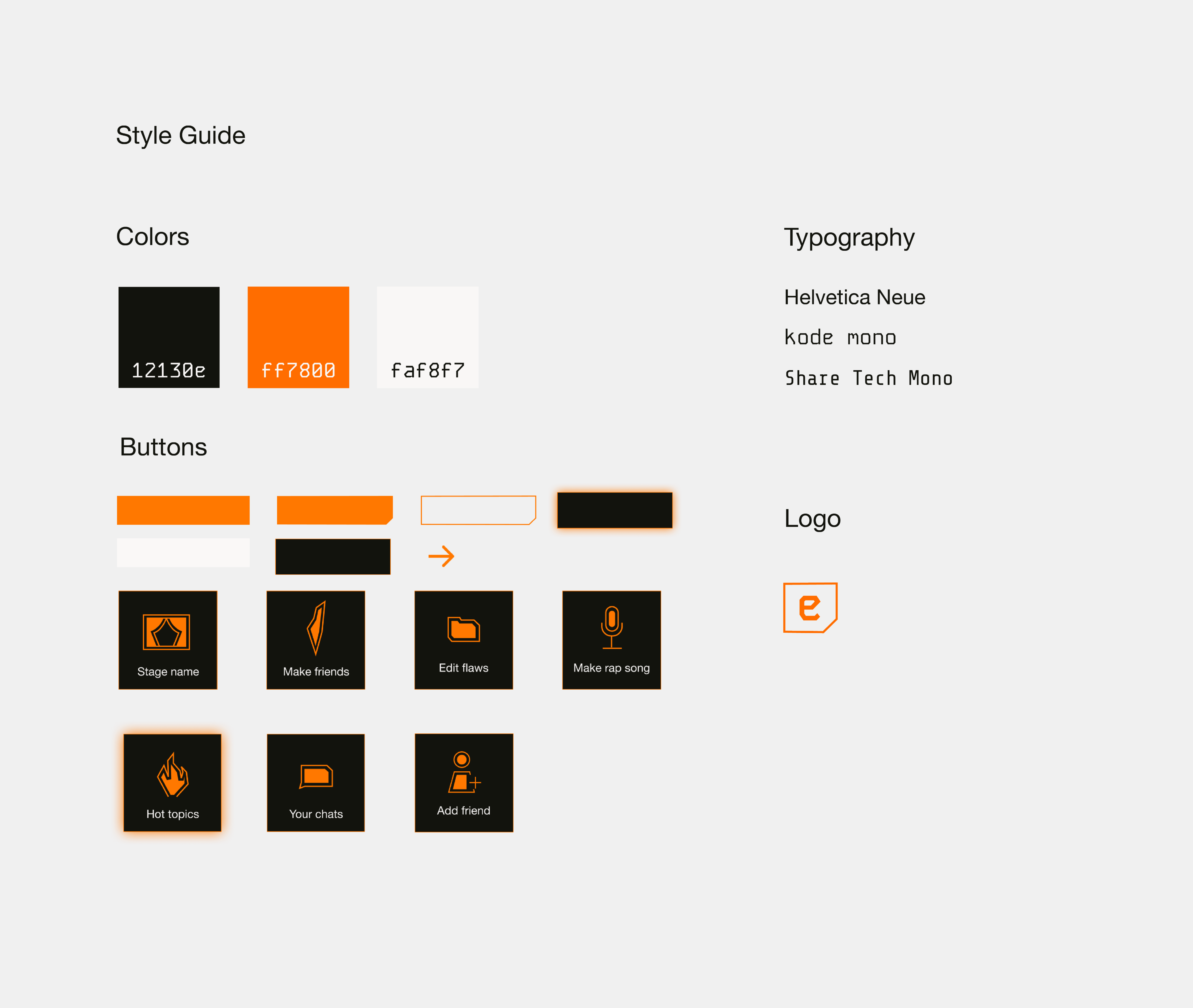 Style guide showing the Alter Ego color palette, typography, button states, and logo