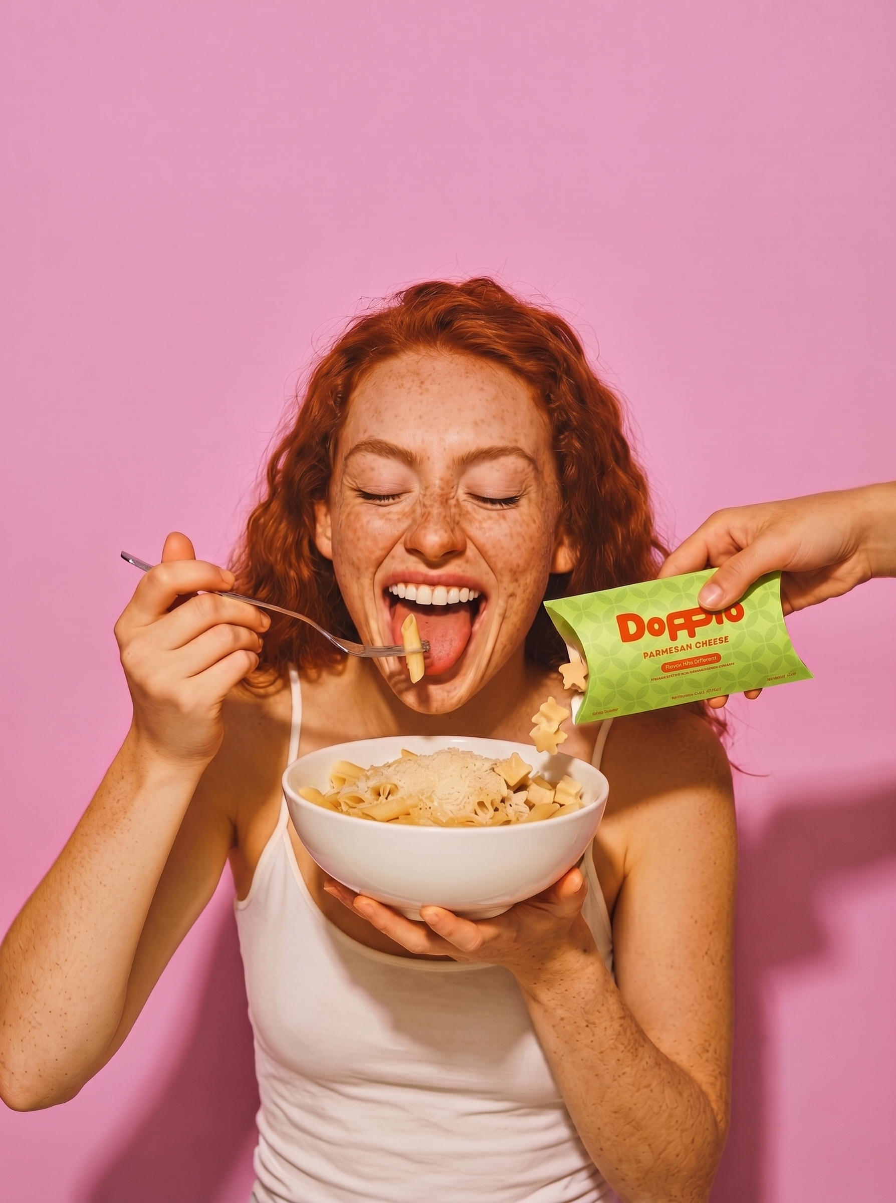 Doppio Parmesan Candies packaging held next to a bowl of pasta, branding project mockup