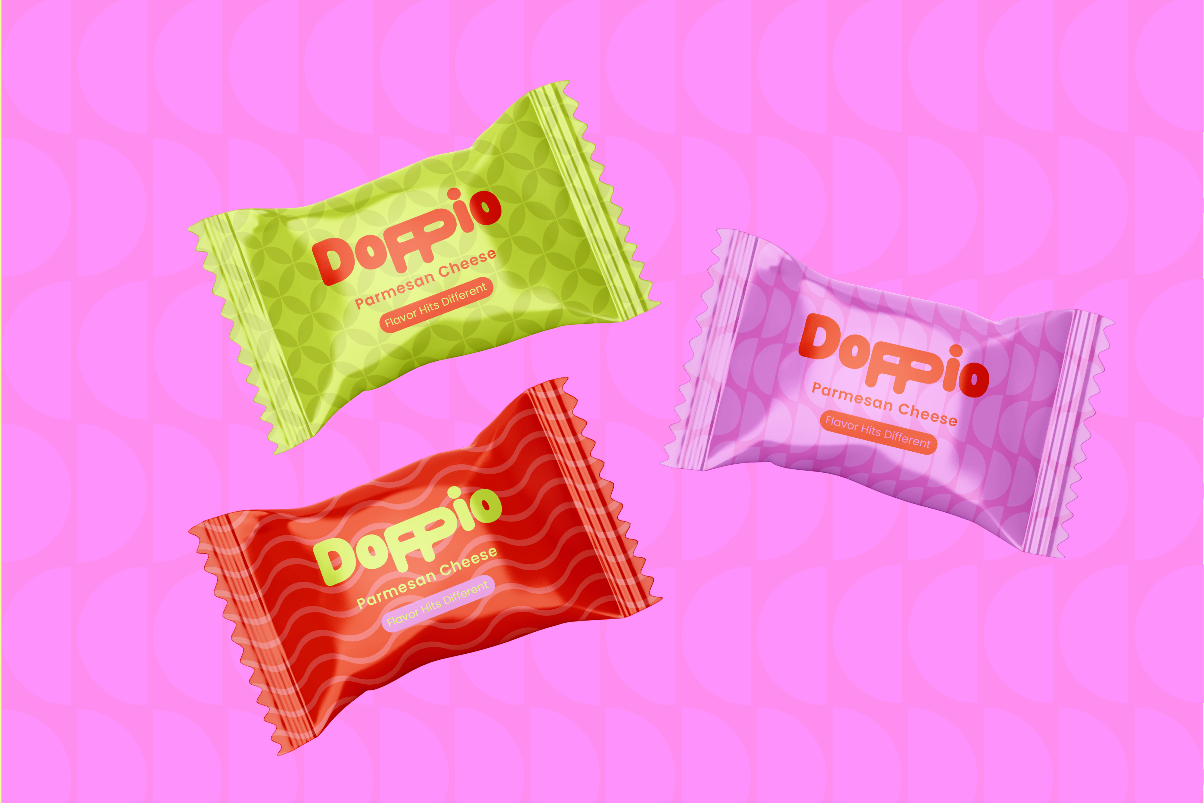 Doppio parmesan candies mockup showing product packaging details
