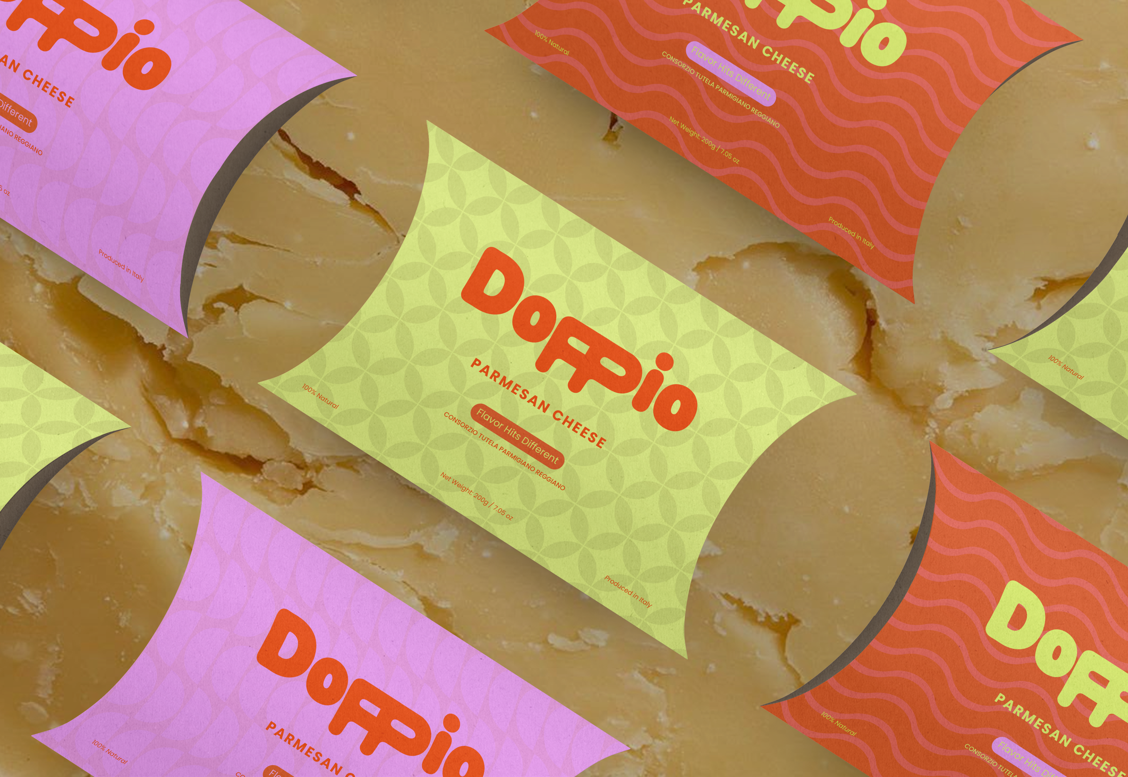 Group of Doppio parmesan candy packages arranged together