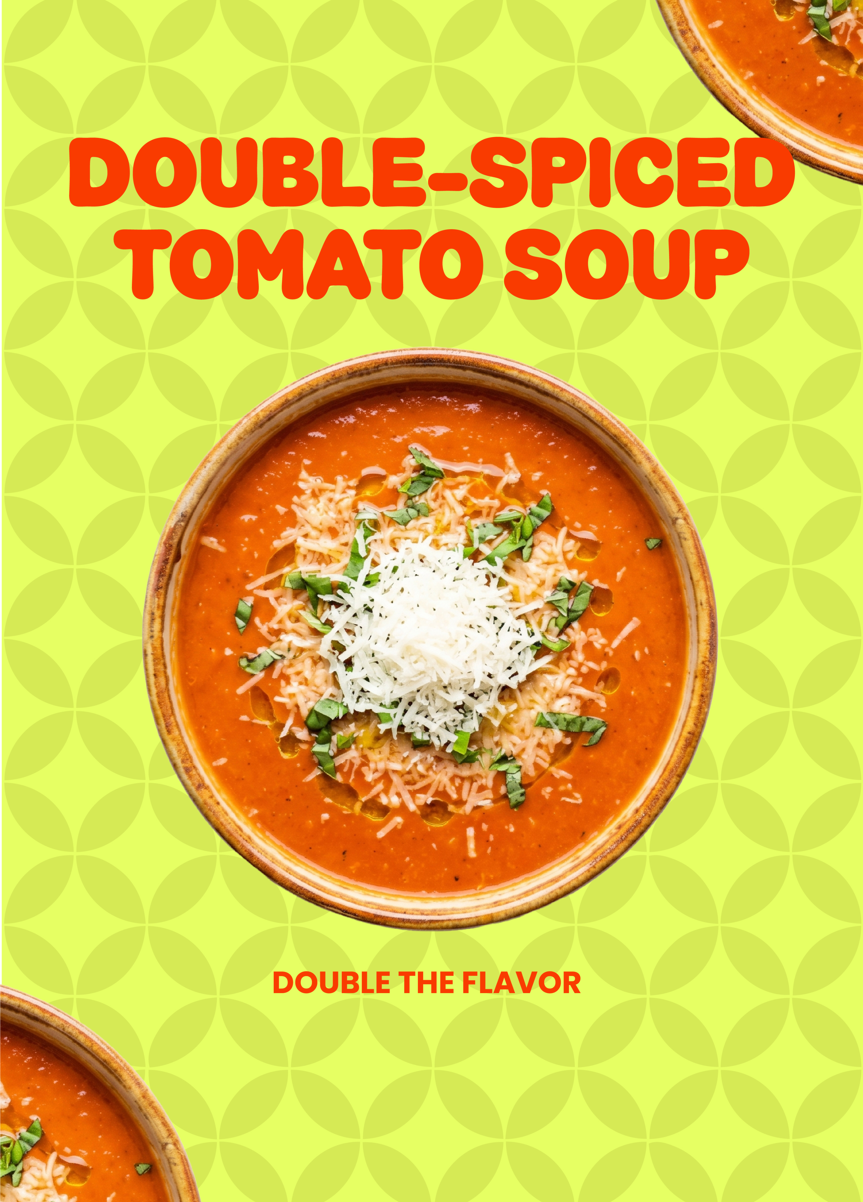 Doppio branded poster featuring a bowl of double-spiced tomato soup