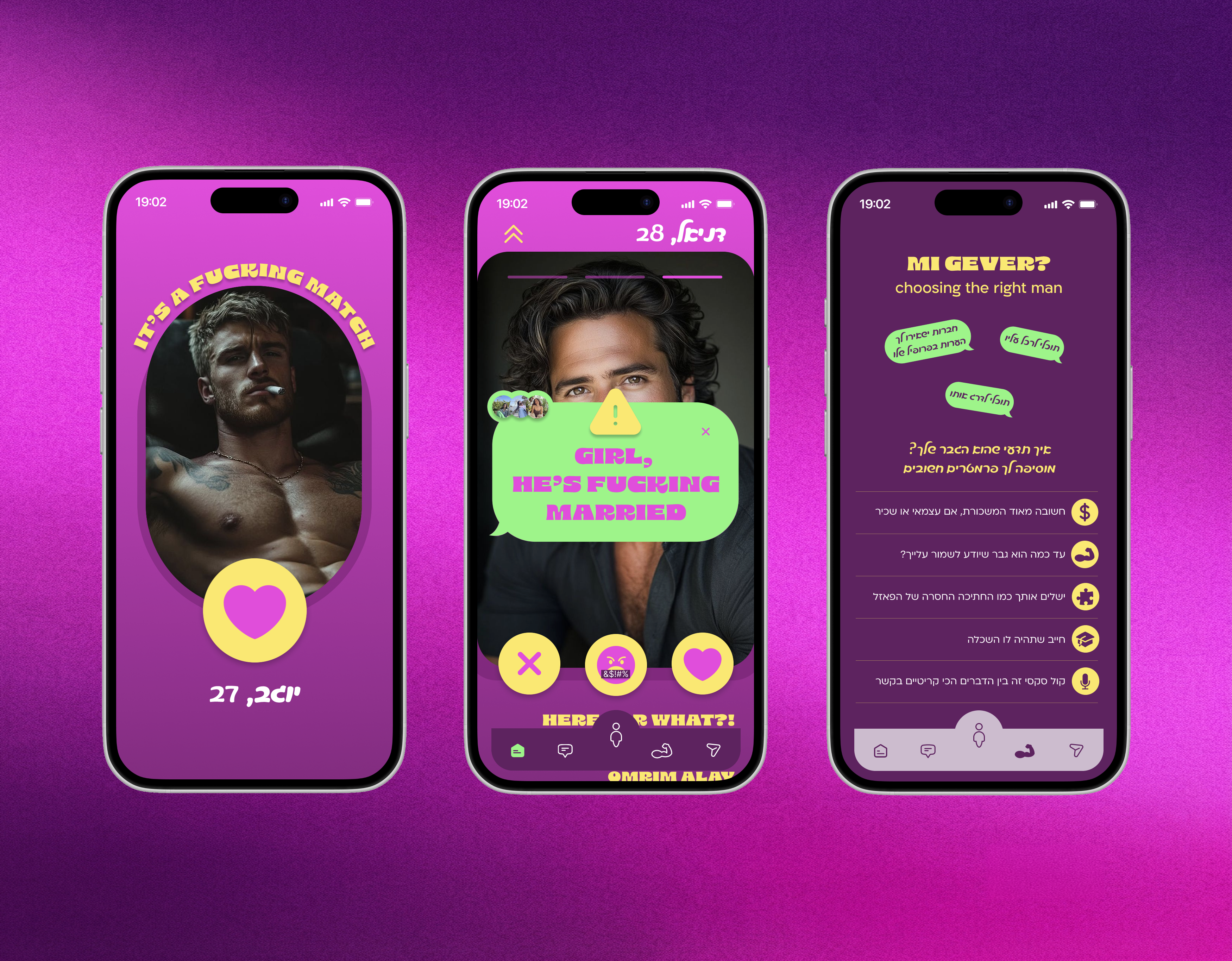 Three phone screens showing Lihi Griner's Tinder-style dating app, Haver Hadash