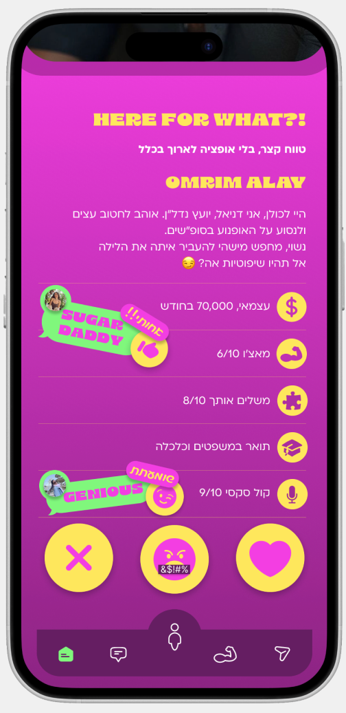 Dating app profile screen showing a match's photo with devil-horn doodle