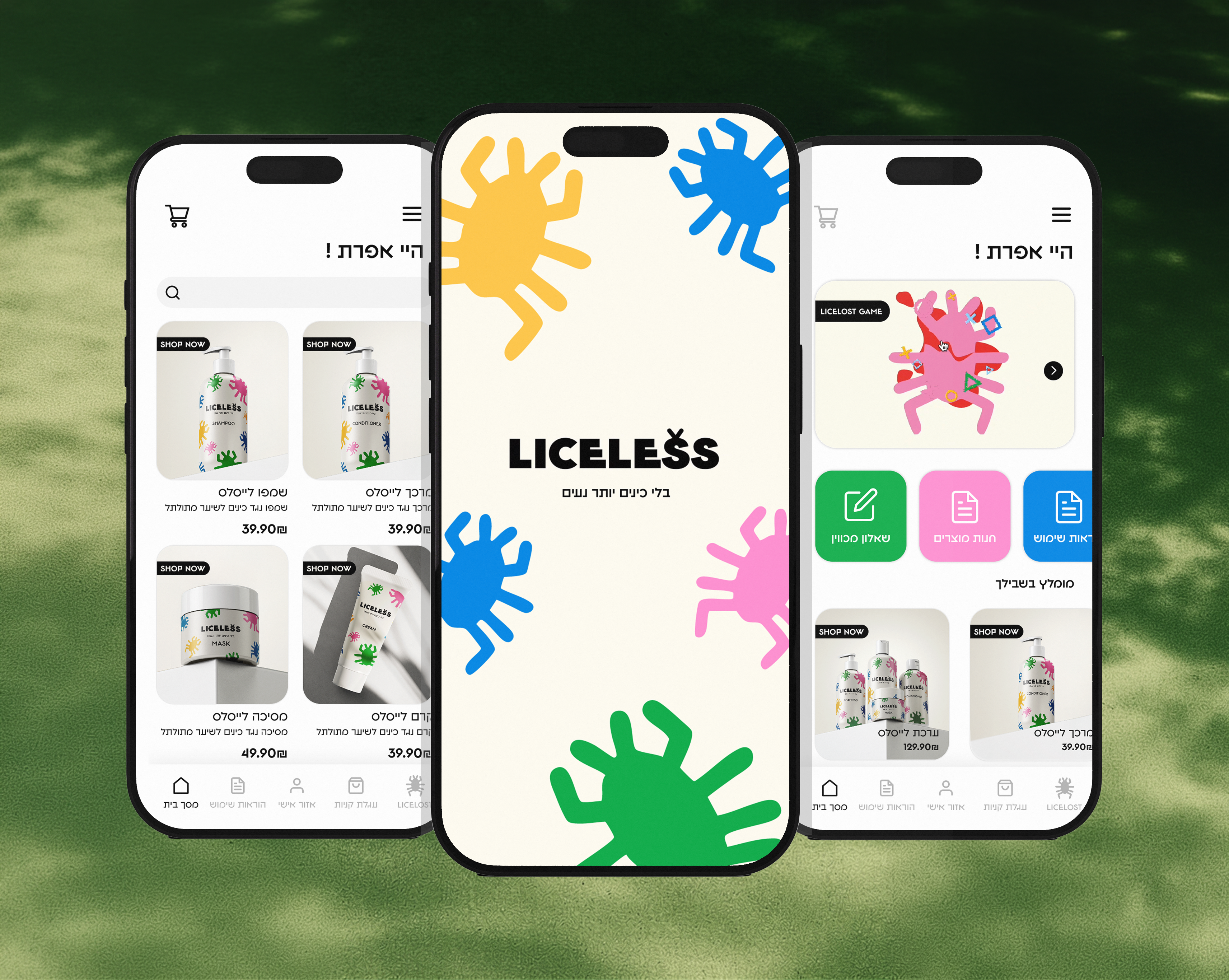 Three phone screens displaying the Liceless lice care app interface