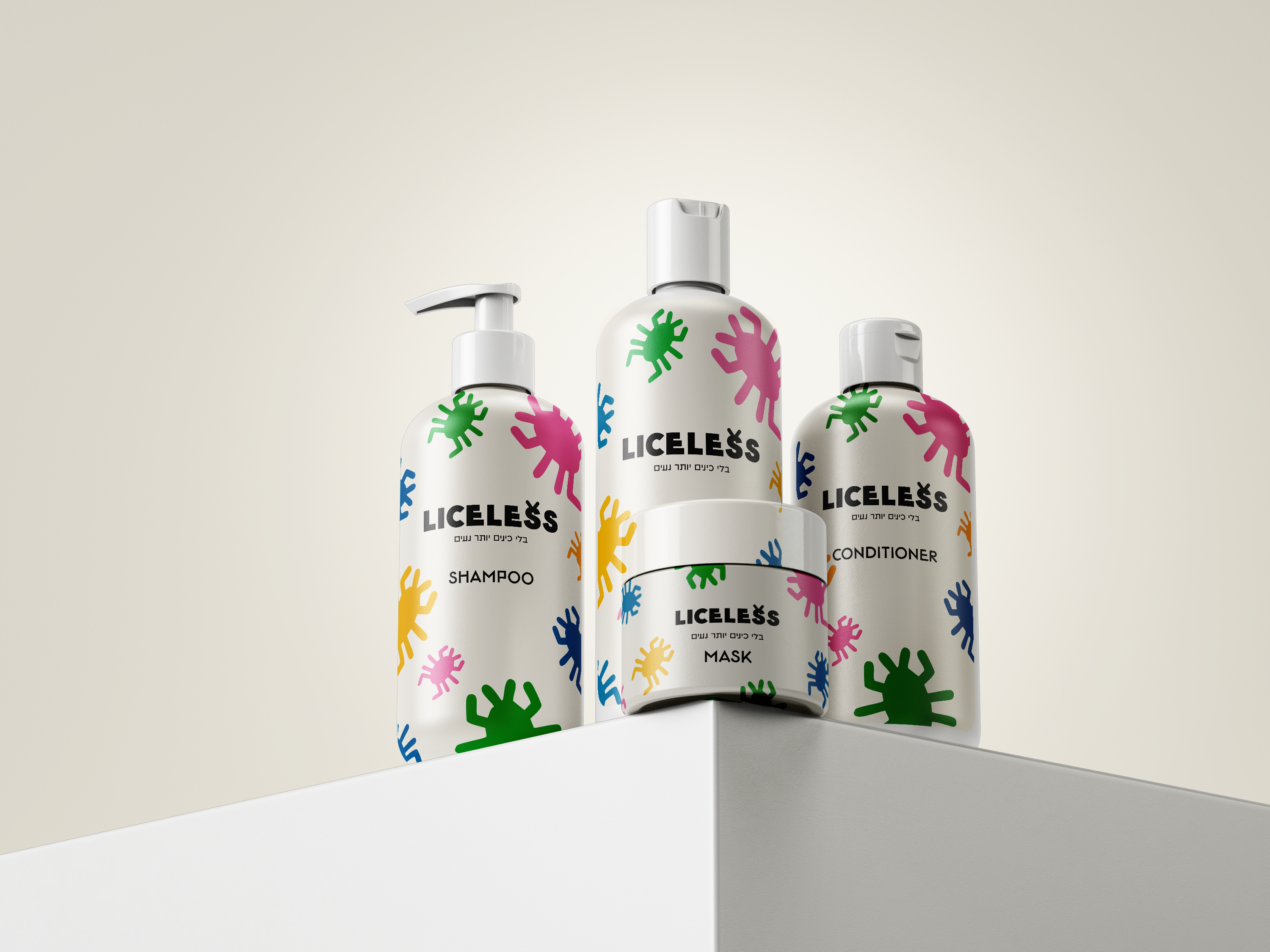 Liceless lice care product set including shampoo, conditioner, cream, and mask packaging