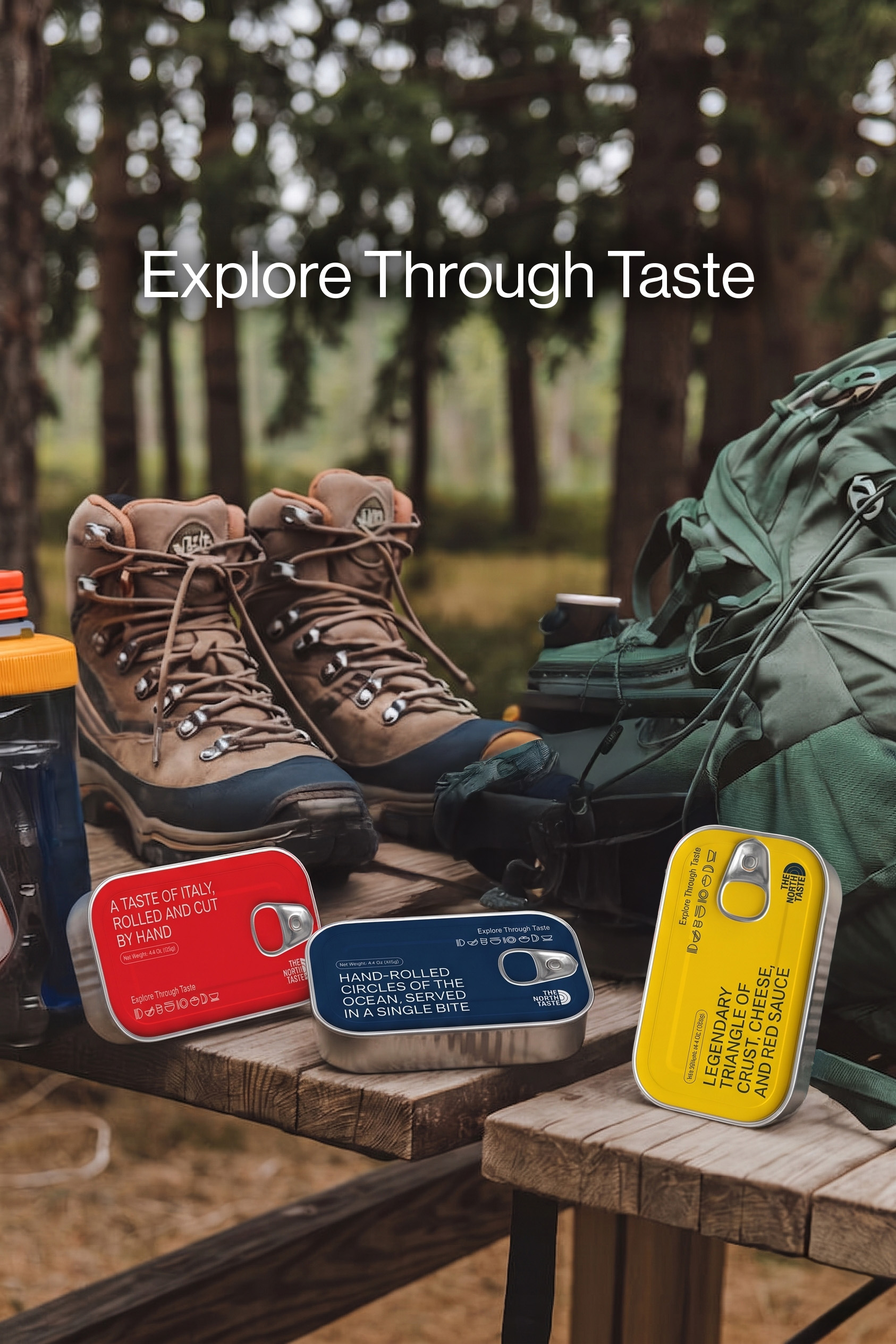 North Taste hiking gear flatlay with canned goods in a forest setting