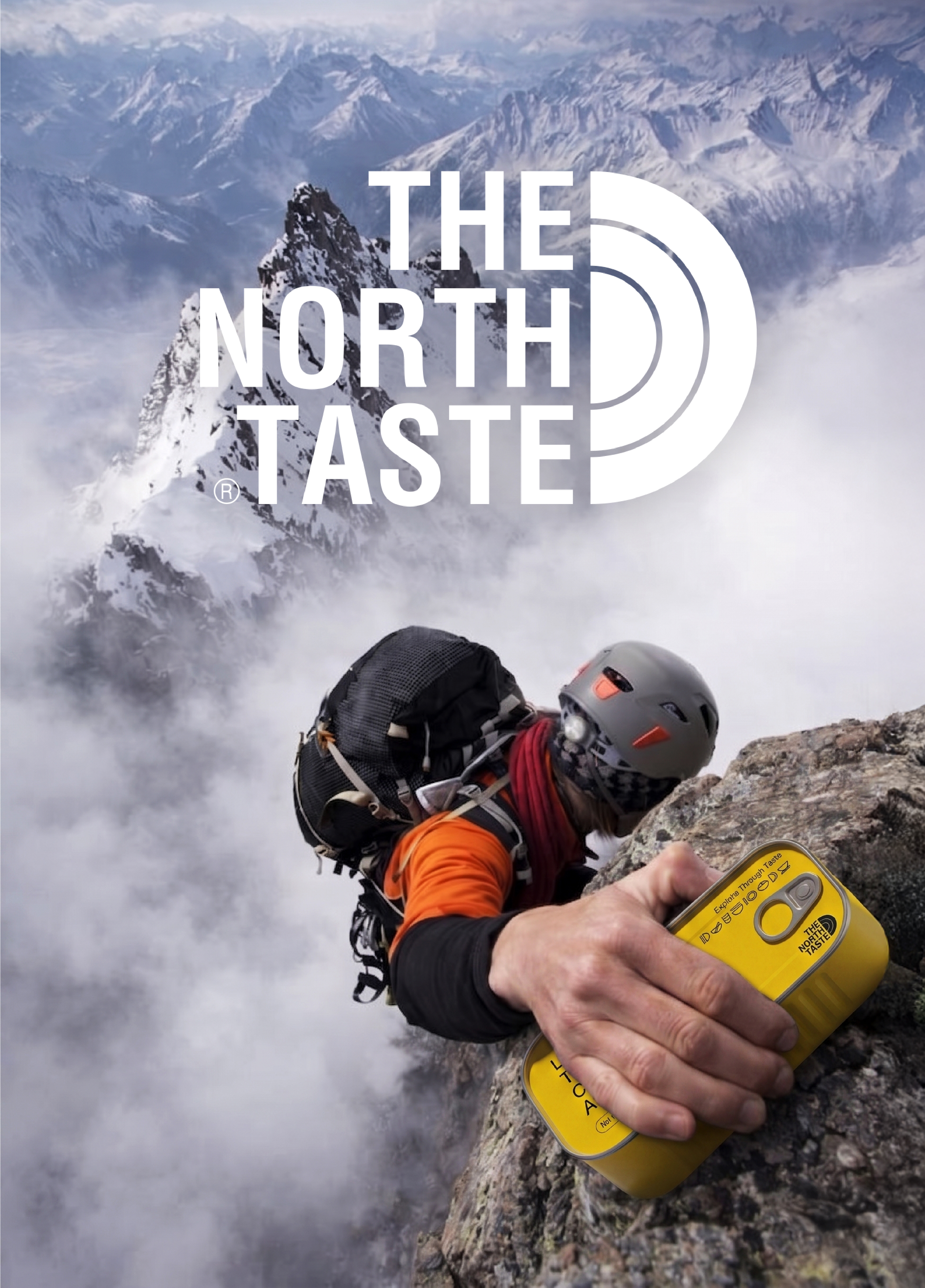 North Taste branded poster showing a mountain climber holding a canned good, with The North Taste logo