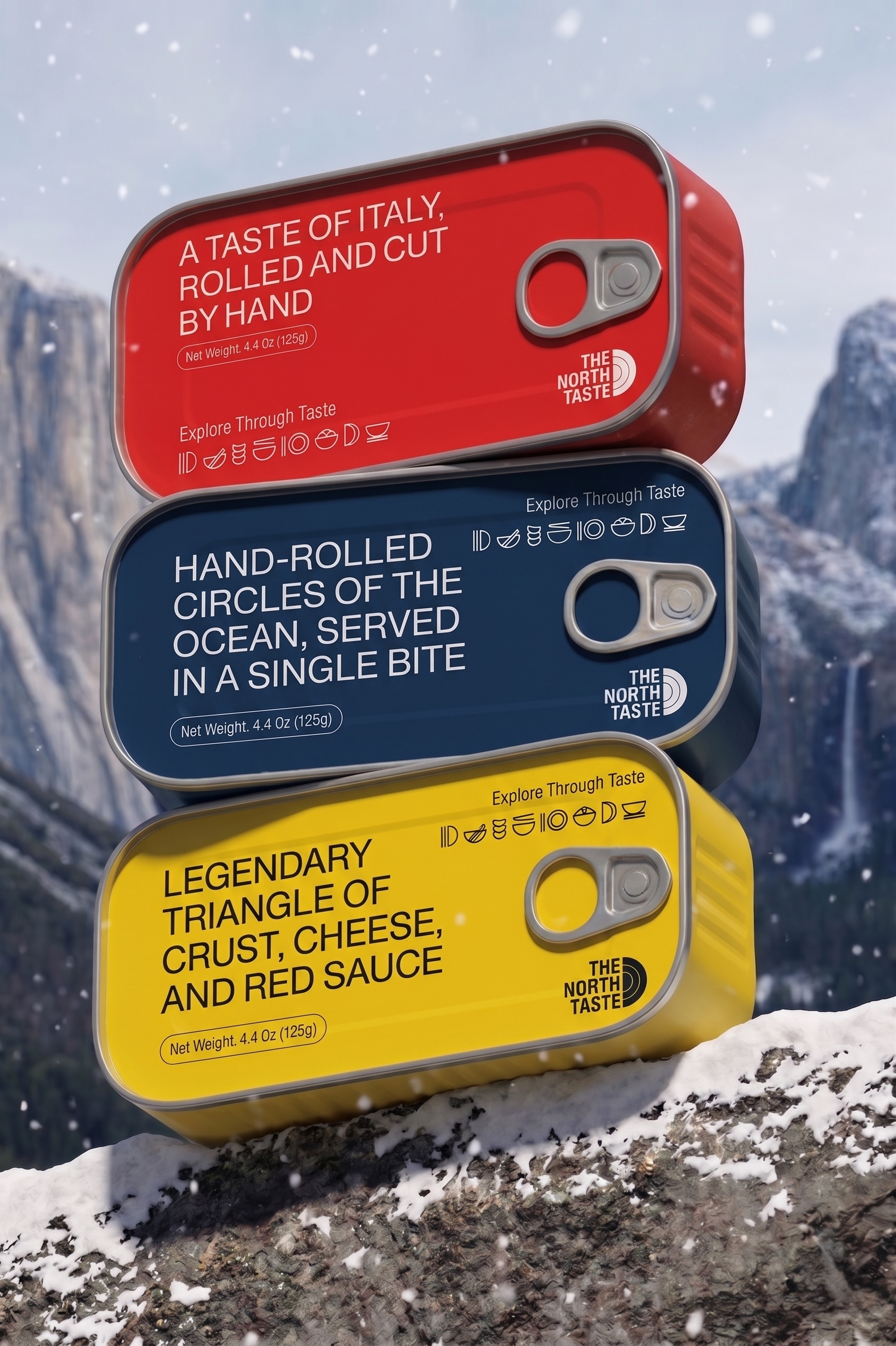 Stacked beverage cans showing the North Taste brand extension packaging design