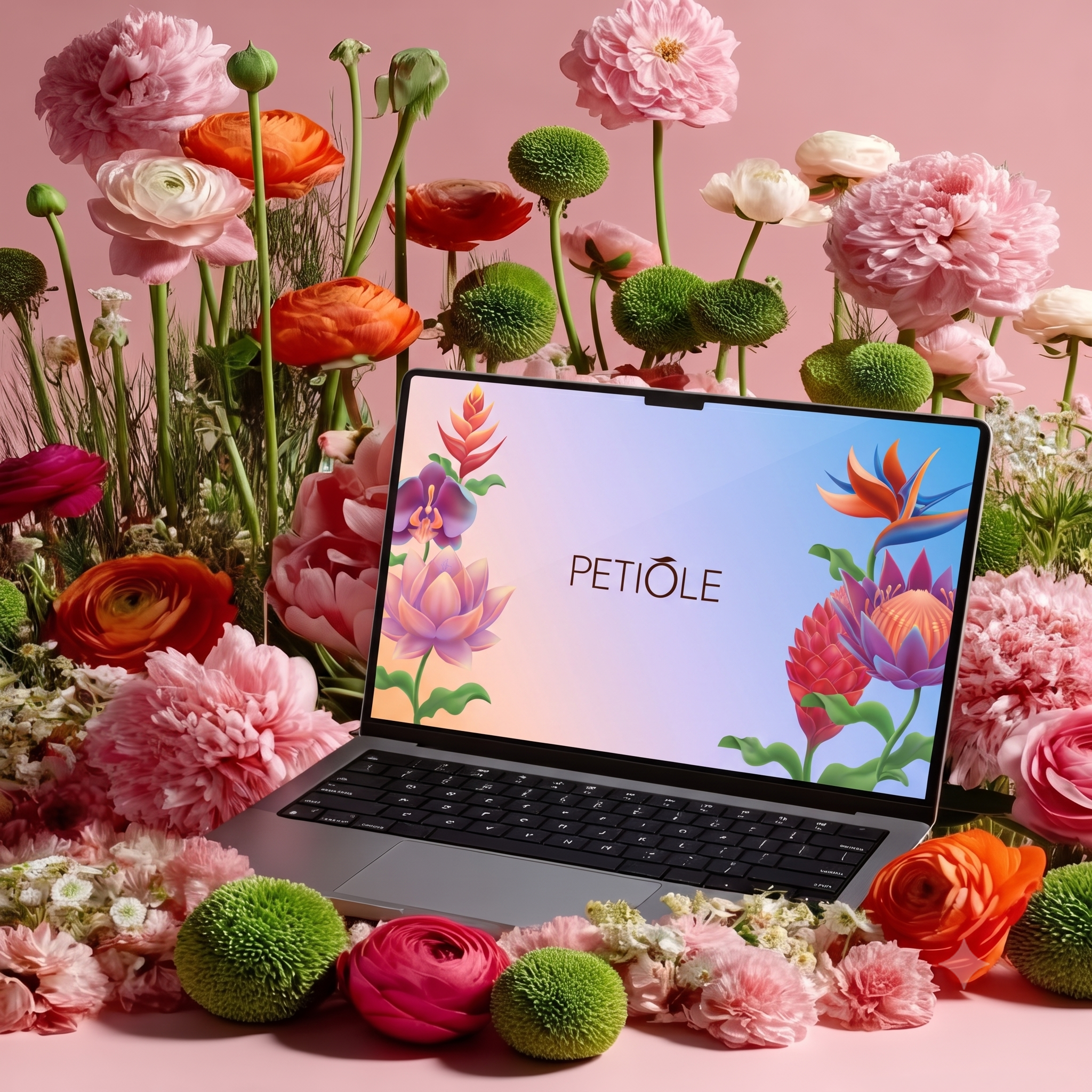 Laptop mockup surrounded by flowers showing the Petiole Flowerists System interface