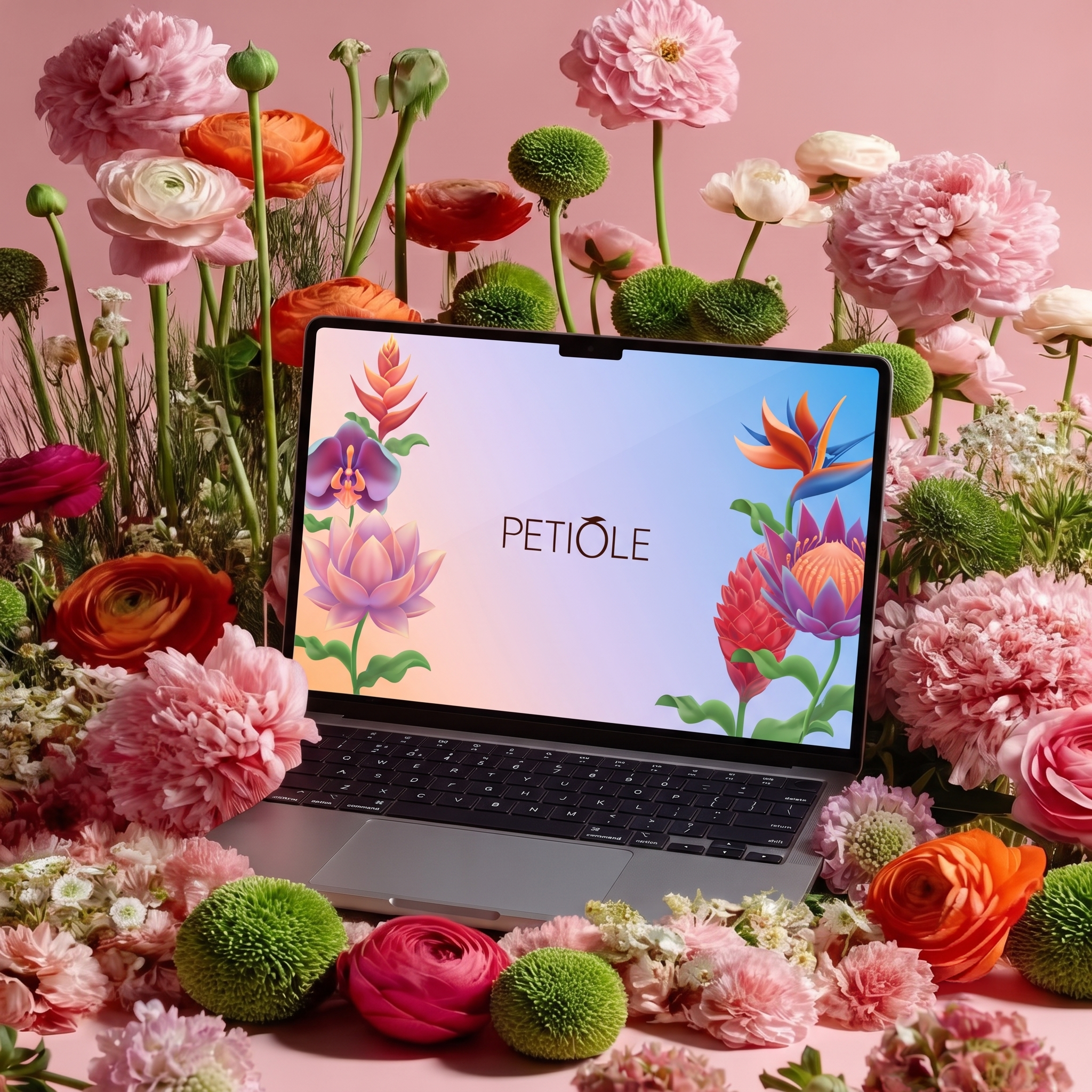 Laptop mockup showing the Petiole platform surrounded by wedding flowers