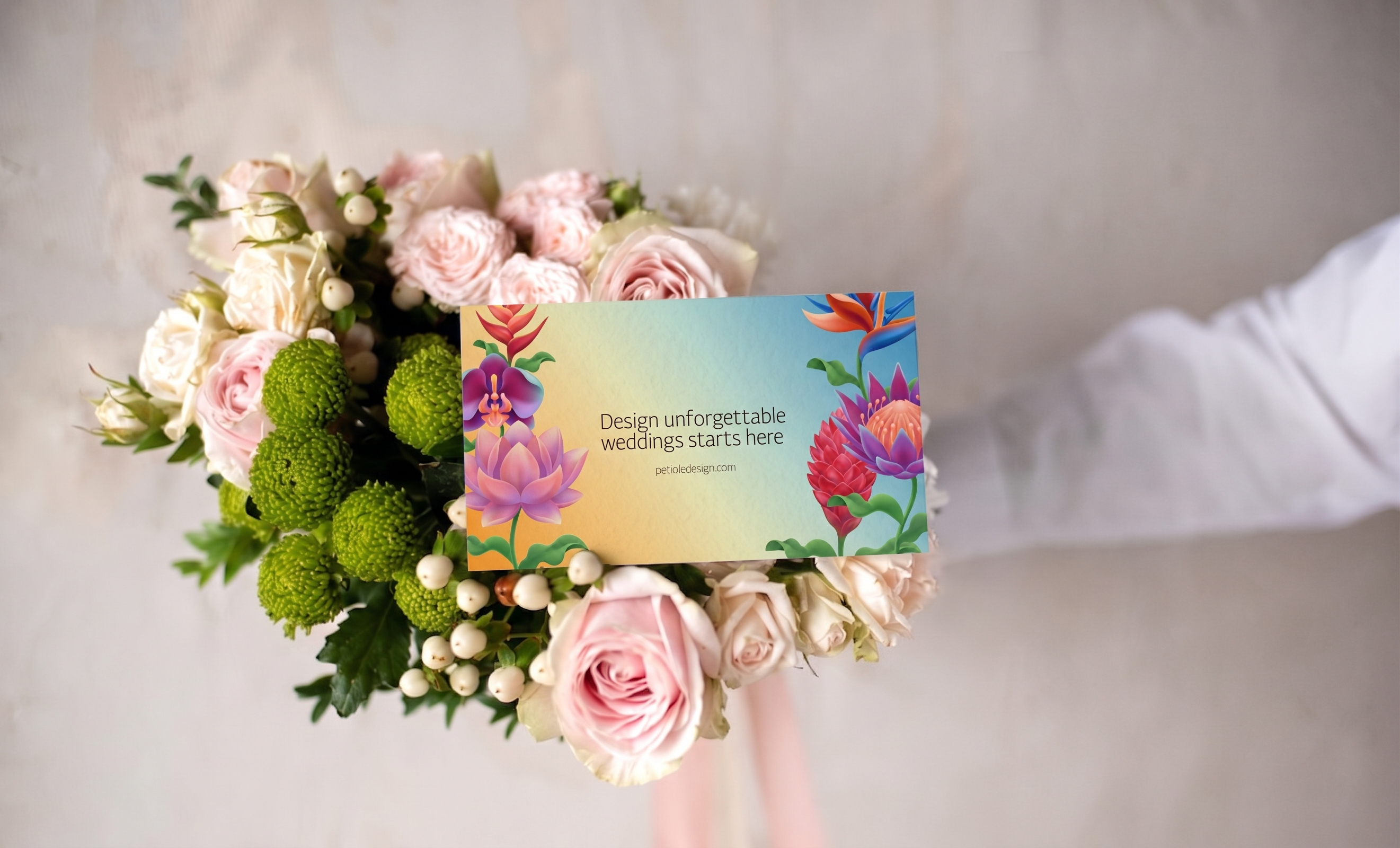 Petiole business card mockup styled with a floral bouquet