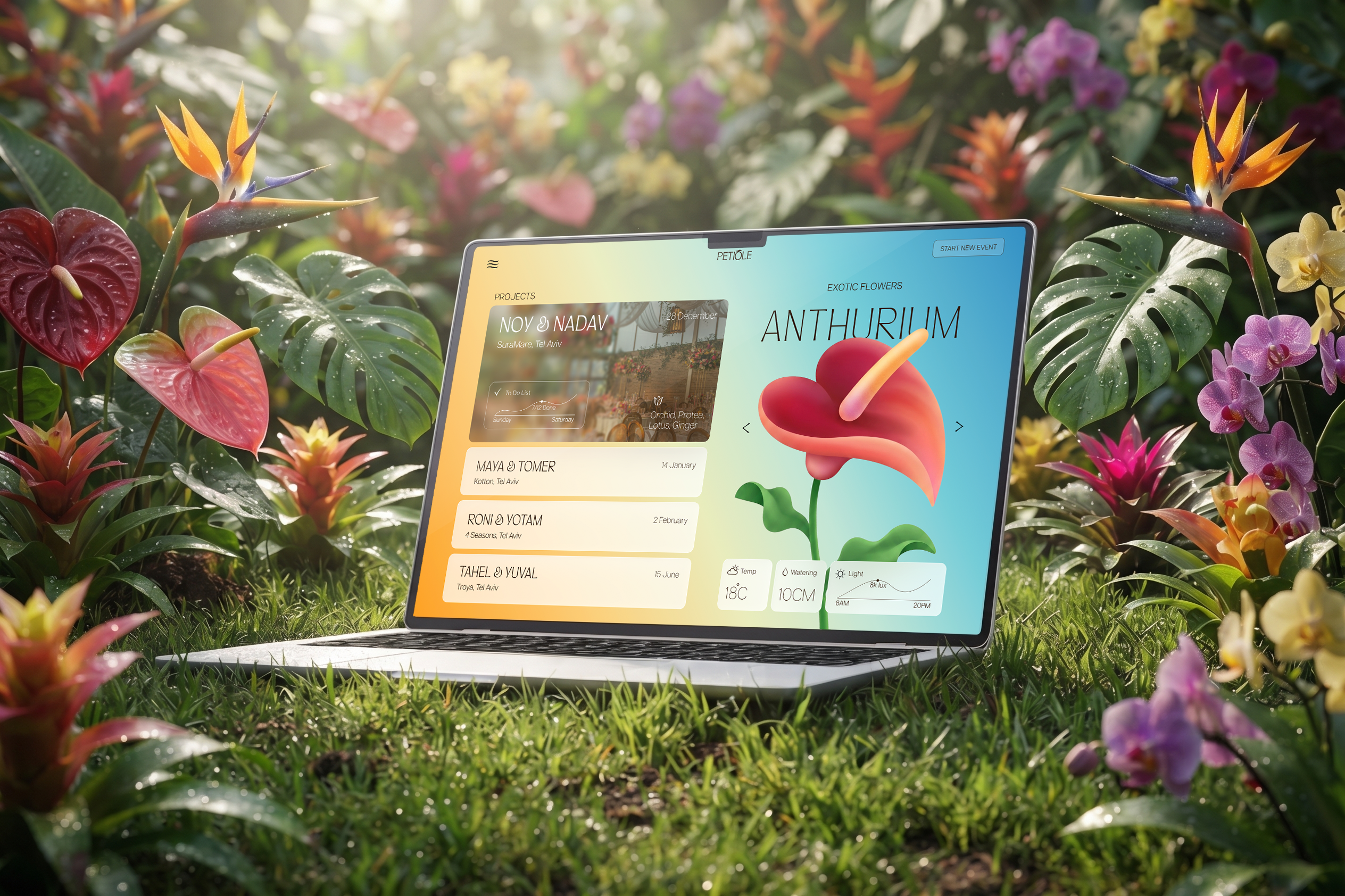 Laptop showing the Petiole dashboard resting on grass surrounded by flowers